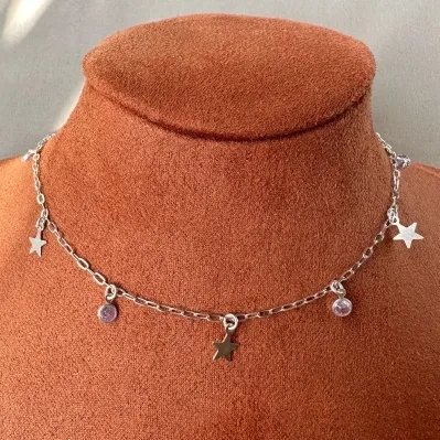 Choker estrelas com pontos de luz lilás Prata 925