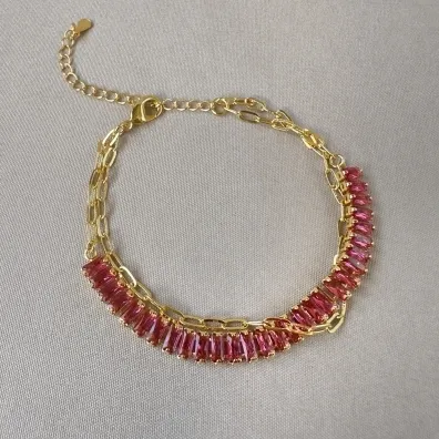 Pulseira dupla baguete rosa 